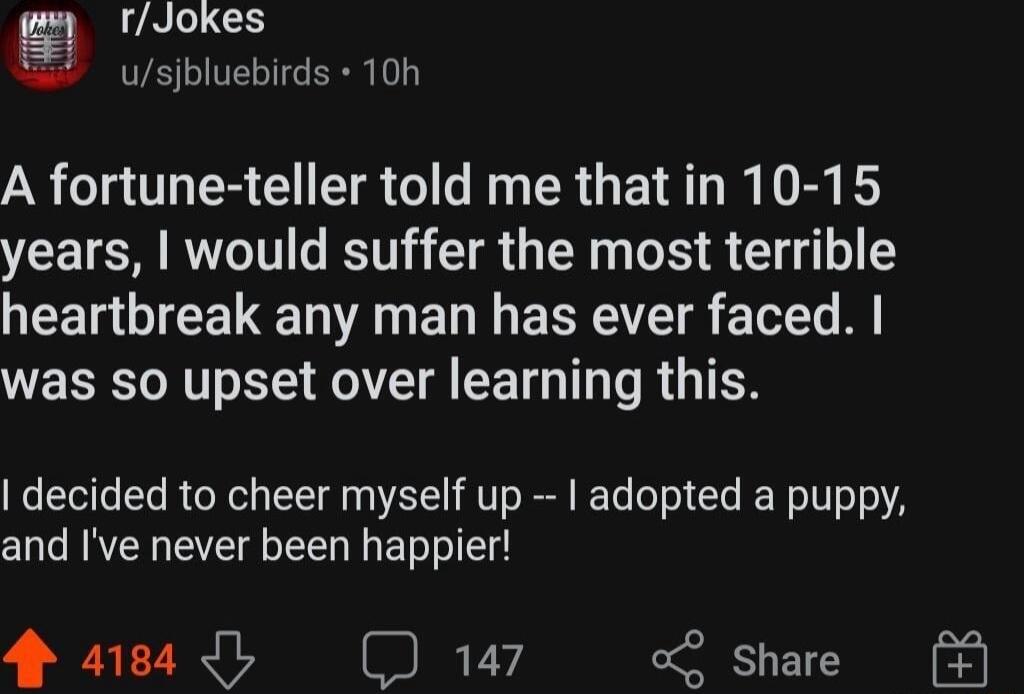 Jokes usjbluebirds 10h A fortune teller told me that in 10 15 years would suffer the most terrible GEERGIEE R IA N EL T ECEAT R M was so upset over learning this decided to cheer myself up adopted a puppy and Ive never been happier 4 434 Oy o share