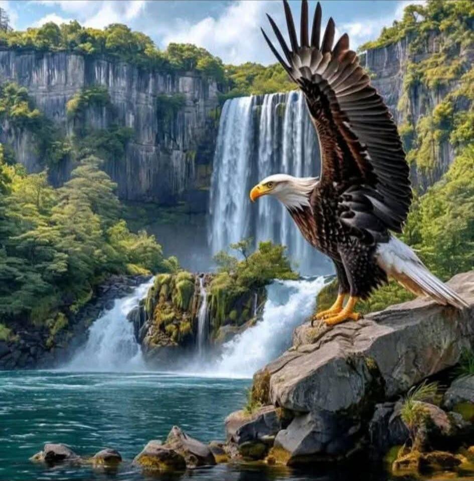 A majestic bald eagle stands on a rock overlooking a waterfall, with lush greenery and clear blue water in the background.