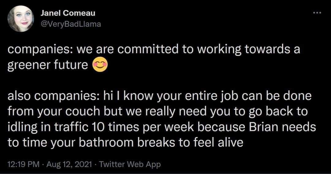 JEL T Nedel 2 VEISYELNETEY companies we are committed to working towards a greener future also companies hi know your entire job can be done from your couch but we really need you to go back to idling in traffic 10 times per week because Brian needs to time your bathroom breaks to feel alive 1219 PM Aug 12 2021 Twitter Web App