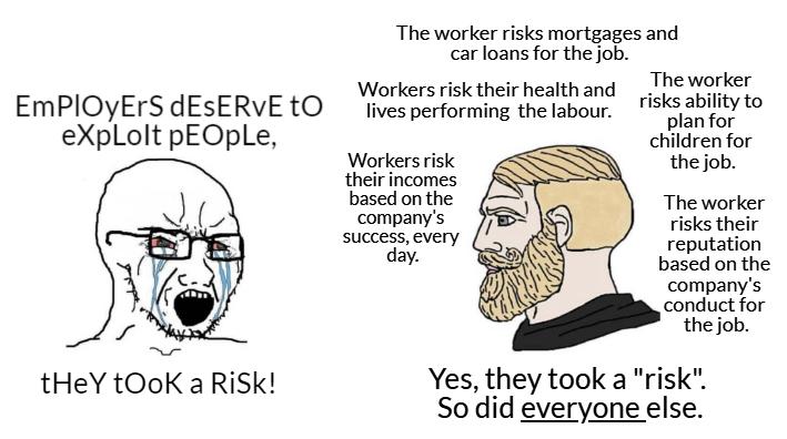 The worker risks mortgages and Car loans for the job okers isktheirheatinand T worker EMPIOYErS ESERVE L0 oesperorming the o risksabiltyto eXpLolt pEOpLe afdremior Workersrisk thejob their incomes basedon the The worker compenys risks their reputation based onthe companys conduct for thejob successevery day aRisk Yes they took a risk So did everyone else tHeY tOol