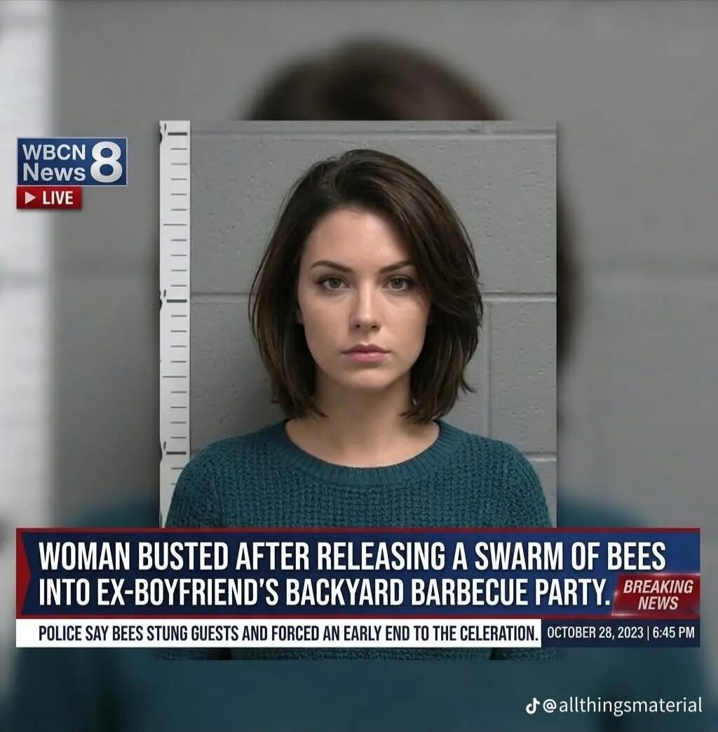 WBCN News 8 LIVE. WOMAN BUSTED AFTER RELEASING A SWARM OF BEES INTO EX-BOYFRIEND'S BACKYARD BARBECUE PARTY. BREAKING NEWS. POLICE SAY BEES STUNG GUESTS AND FORCED AN EARLY END TO THE CELEBRATION. OCTOBER 28, 2023 | 6:45 PM. @allthingsmaterial