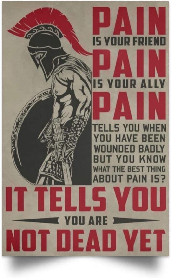 PAIN IS YOUR FRIEND PAIN IS YOUR ALLY PAIN TELLS YOU WHEN YOU HAVE BEEN WOUNDED BADLY BUT YOU KNOW WHAT THE BEST THING ABOUT PAIN IS? IT TELLS YOU YOU ARE NOT DEAD YET