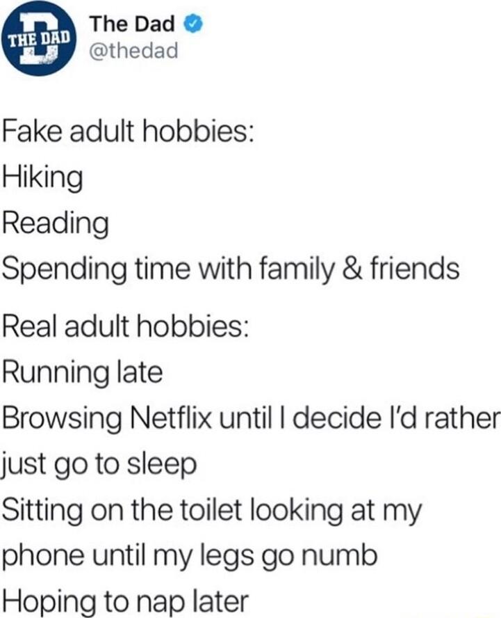 mn The Dad y othedad Fake adult hobbies Hiking Reading Spending time with family friends Real adult hobbies Running late Browsing Netflix until decide Id rather just go to sleep Sitting on the toilet looking at my phone until my legs go numb Hoping to nap later