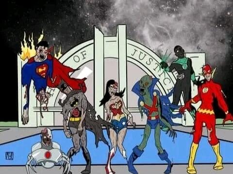 Superman on fire with cape blazing, a zombie-like Batman, Wonder Woman, Green Lantern, The Flash, Cyborg, and other undead-looking heroes standing in a ruined plaza. In the background is a large arch or gate with the word 'JUSTICE' partially visible, suggesting a parody or dark take on the Justice League.