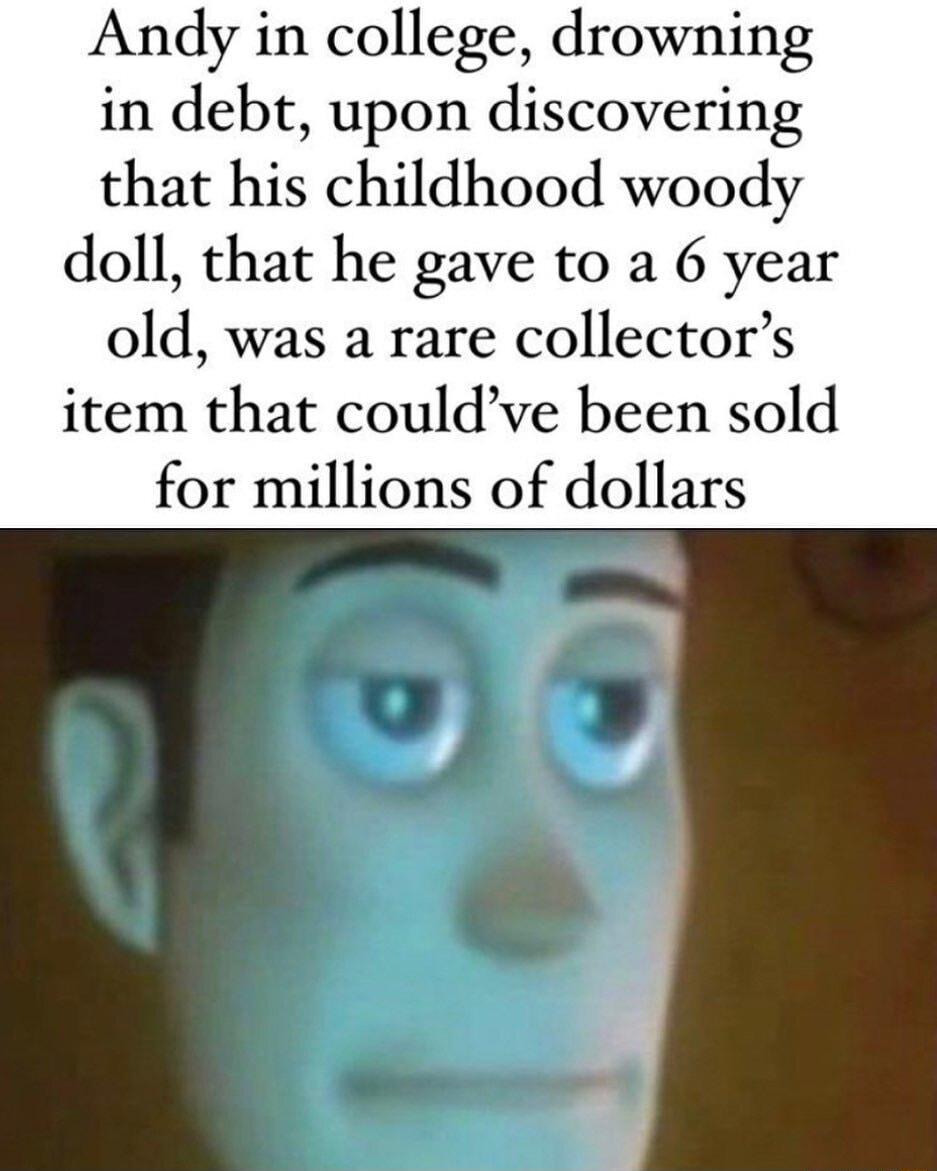 Andy in college drowning in debt upon discovering that his childhood woody doll that he gave to a 6 year old was a rare collectors item that couldve been sold for millions of dollars