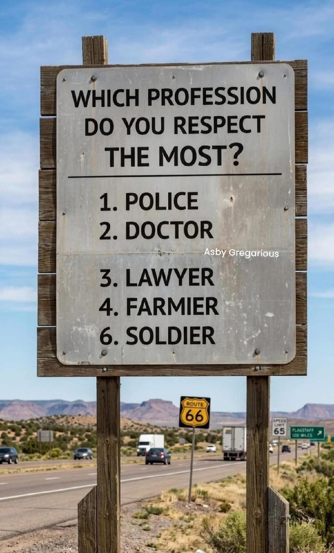 WHICH PROFESSION DO YOU RESPECT THE MOST? 1. POLICE 2. DOCTOR Asby Gregarious 3. LAWYER 4. FARMIER 6. SOLDIER ROUTE 66 SPEED LIMIT 65 FLAGSTAFF 100 MILES