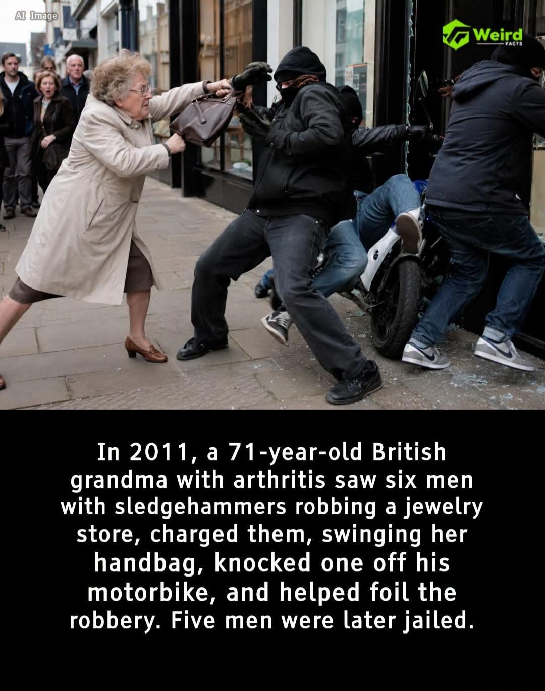 AI Image Weird FACTS In 2011, a 71-year-old British grandma with arthritis saw six men with sledgehammers robbing a jewelry store, charged them, swinging her handbag, knocked one off his motorbike, and helped foil the robbery. Five men were later jailed.