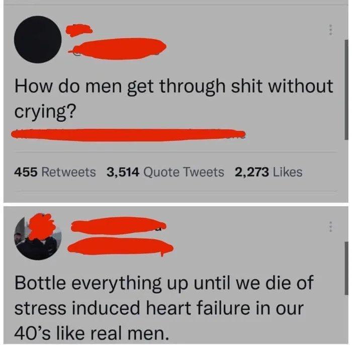 i How do men get through shit without crying 455 Retweets 3514 Quote Tweets 2273 Likes Bottle everything up until we die of stress induced heart failure in our 40s like real men