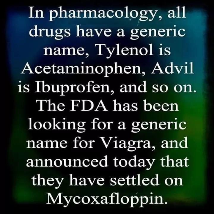 In pharmacology all drugs have a generic ET SR RS BT Acetaminophen Advil is Ibuprofen and so on The FDA has been looking for a generic name for Viagra and Fzhatstejbaterste Mvete AR o E N they have settled on Mycoxafloppin