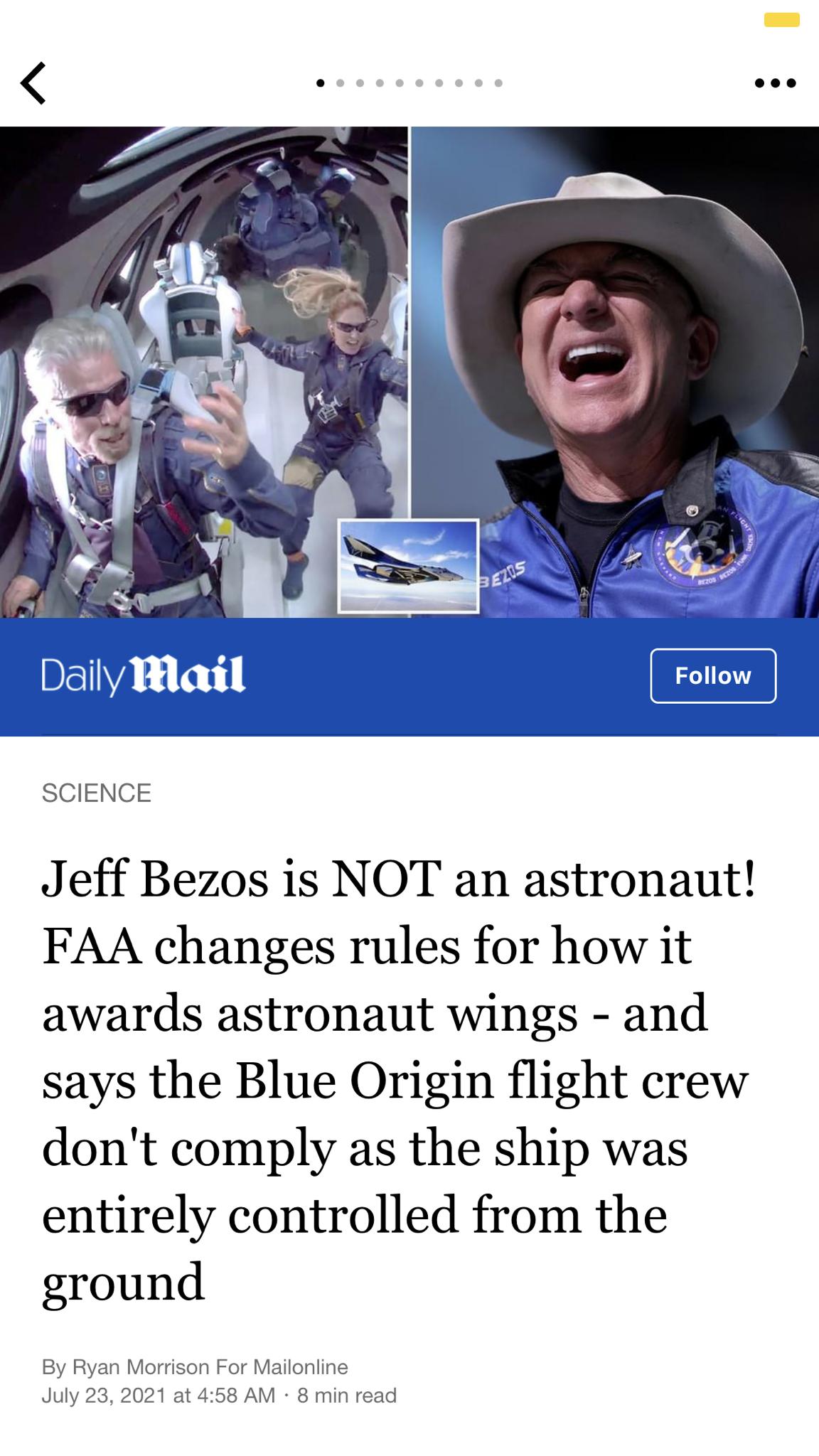 coe SCIENCE Jeff Bezos is NOT an astronaut FAA changes rules for how it awards astronaut wings and says the Blue Origin flight crew dont comply as the ship was entirely controlled from the ground By Ryan Morrison For Mailonline July 23 2021 at 458 AM 8 min read