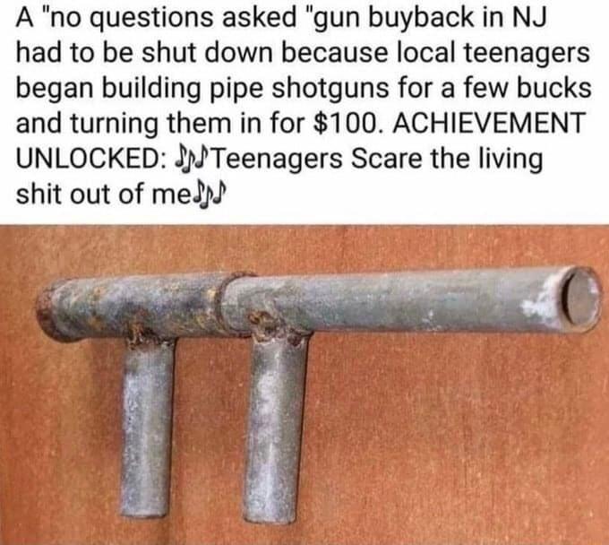 A no questions asked gun buyback in NJ had to be shut down because local teenagers began building pipe shotguns for a few bucks and turning them in for 100 ACHIEVEMENT UNLOCKED JMTeenagers Scare the living shit out of medp