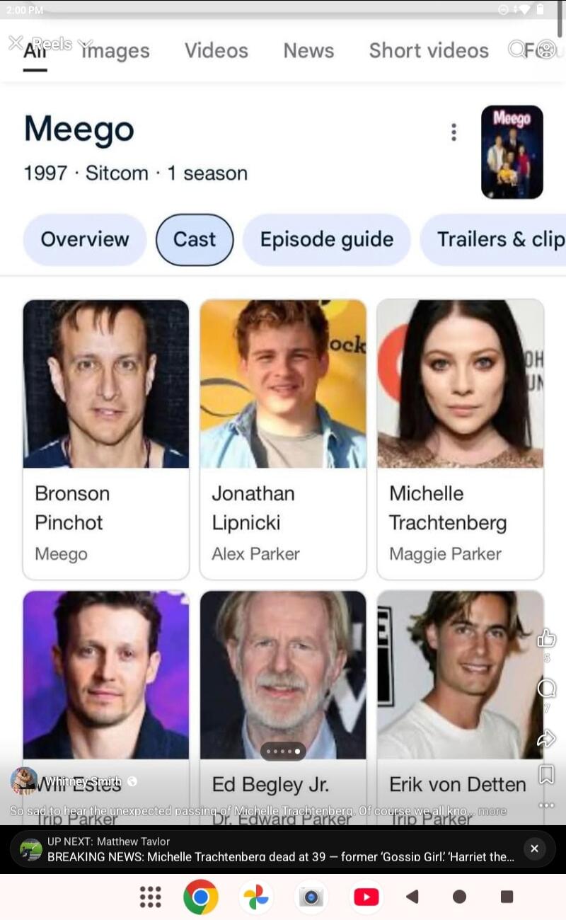 Meego 1997 Sitcom 1 season Overview Cast Episode guide Trailers & clip Bronson Pinchot Meego Jonathan Lipnicki Alex Parker Michelle Trachtenberg Maggie Parker Will Estes Ed Begley Jr. Erik von Detten Trip Parker Dr. Edward Parker So sad to hear the unexpected passing of Michelle Trachtenberg. Of course we all know... more UP NEXT: Matthew Taylor BR