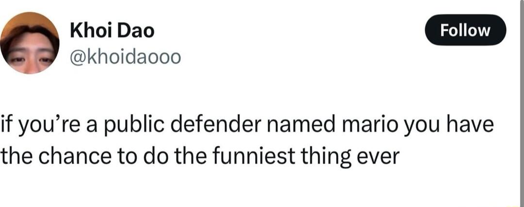 khoidaooo Khoi Dao if youre a public defender named mario you have the chance to do the funniest thing ever