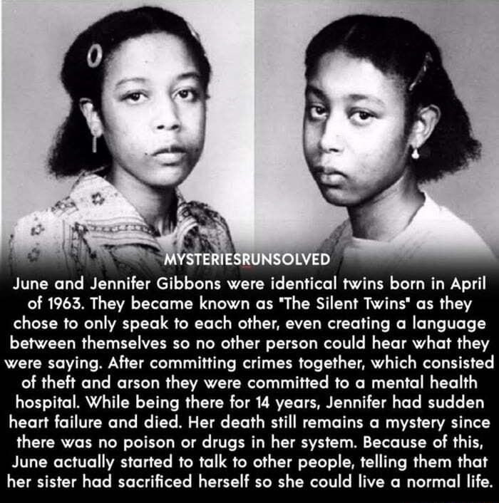 OLVED June and Jennifer Gibbons were identical twins born in April of 1963 They became known as The Silent Twins as they chose to only speak to each other even creating a language between themselves so no other person could hear what they were saying After committing crimes together which consisted of theft and arson they were committed to a mental health hospital While being there for 14 years Je