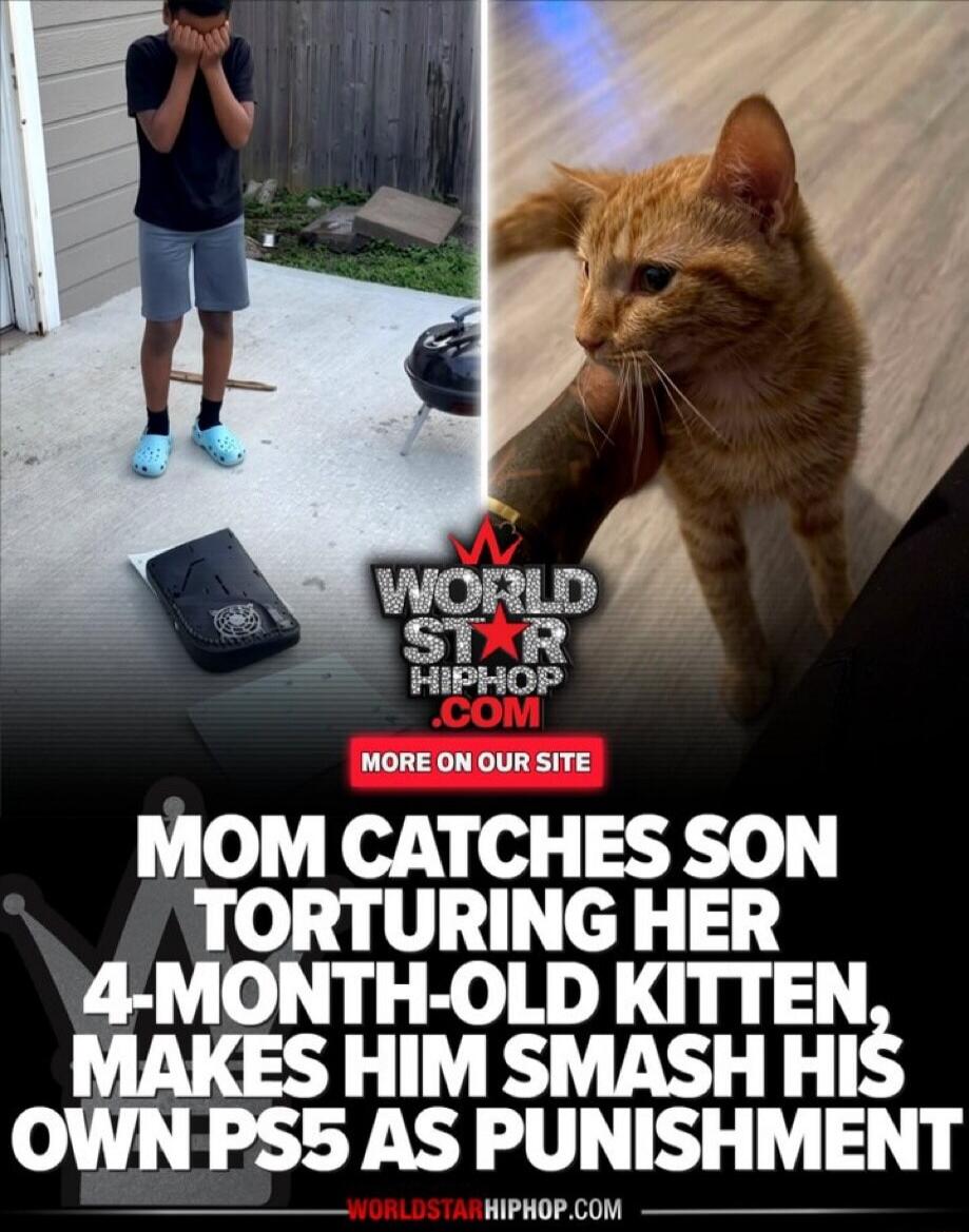 MOM CATCHES SON TORTURING HER 4-MONTH-OLD KITTEN, MAKES HIM SMASH HIS OWN PS5 AS PUNISHMENT. WORLDSTARHIPHOP.COM. MORE ON OUR SITE.