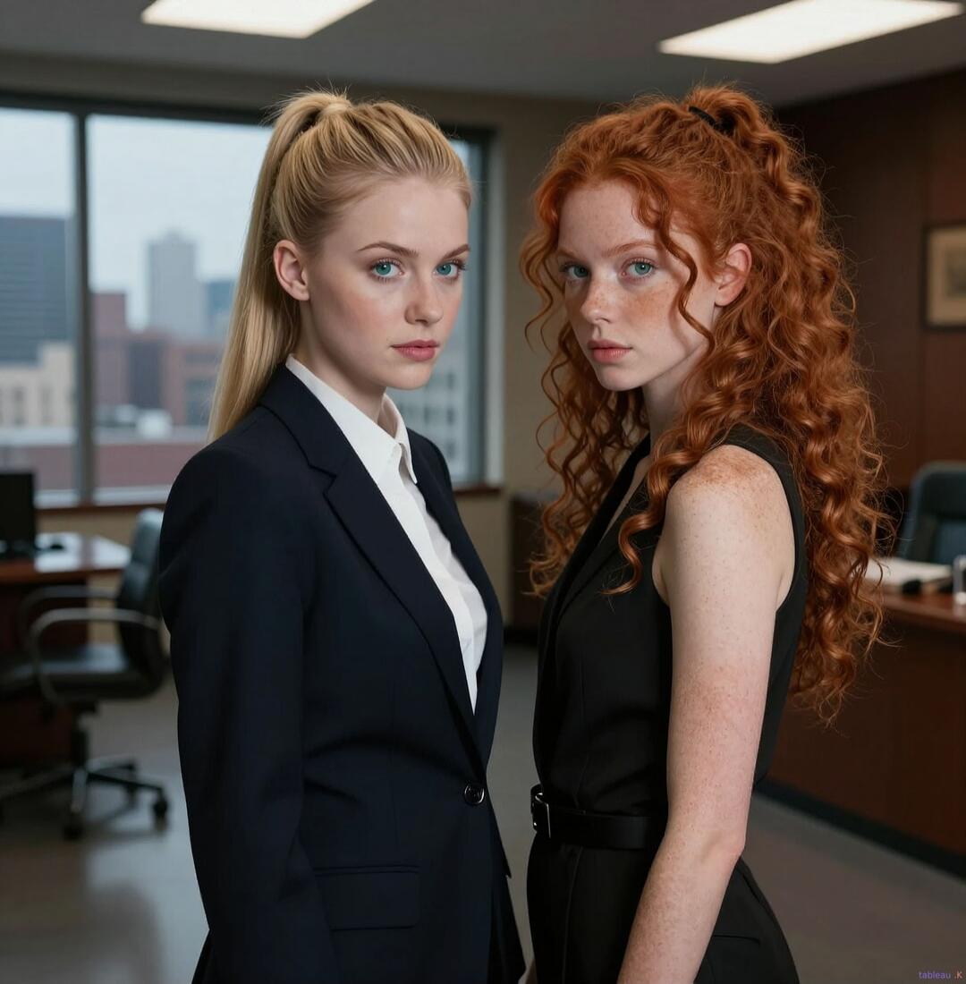 Two young women, one blonde and one redhead, standing in an office setting, looking at the camera.