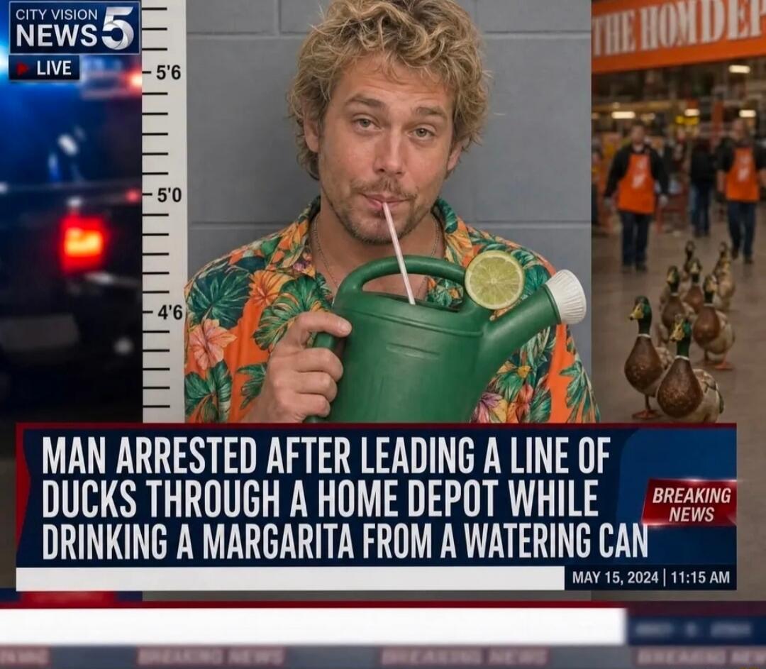 CITY VISION NEWS 5 LIVE. MAN ARRESTED AFTER LEADING A LINE OF DUCKS THROUGH A HOME DEPOT WHILE DRINKING A MARGARITA FROM A WATERING CAN. BREAKING NEWS. MAY 15, 2024 | 11:15 AM.