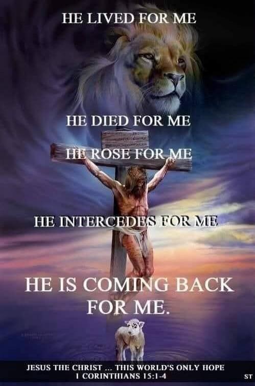 HE LIVED FOR ME
HE DIED FOR ME
HE ROSE FOR ME
HE INTERCEDES FOR ME
HE IS COMING BACK FOR ME.
JESUS THE CHRIST ... THIS WORLD'S ONLY HOPE
I CORINTHIANS 15:1-4