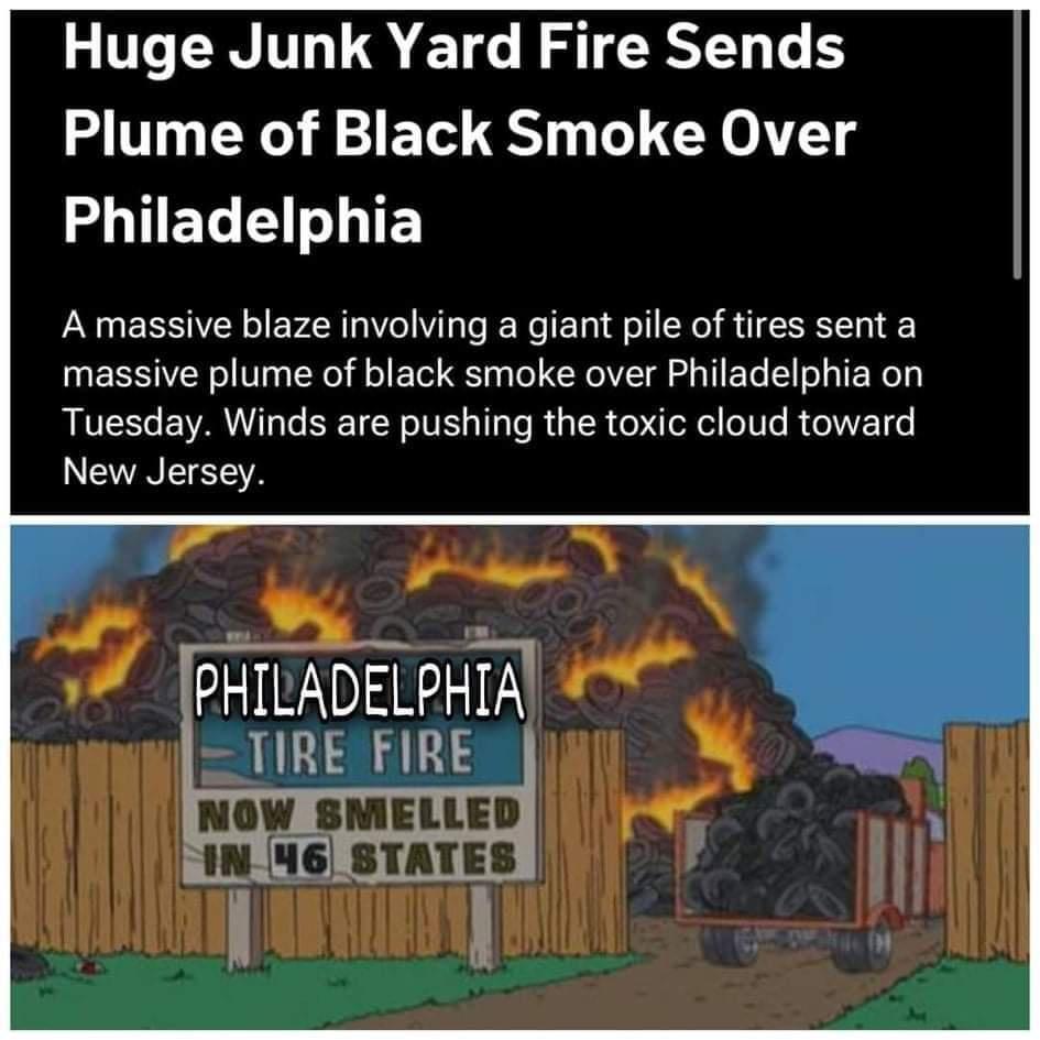 UL ET G R CRTENTE Plume of Black Smoke Over COTEL G IES A massive blaze involving a giant pile of tires sent a massive plume of black smoke over Philadelphia on RVER EVA T3 ls SETER IS a1 a o R ia SR oD oRel oUls RaET 0 INEWVNTETETTA PHILADELPHIA TIRE FIRE