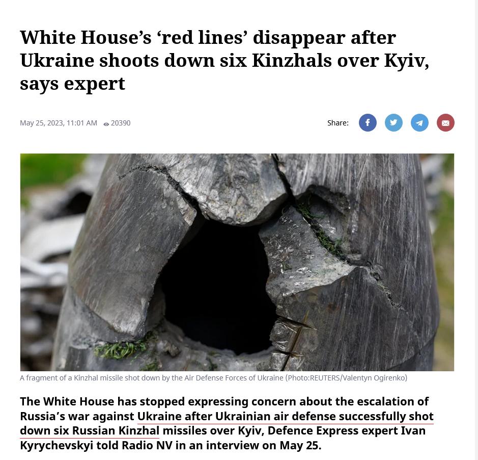 White Houses red lines disappear after Ukraine shoots down six Kinzhals over Kyiv says expert The White House has stopped expressing concern about the escalation of Russias war against Ukraine after Ukrainian air defense successfully shot down six Russian Kinzhal missiles over Kyiv Defence Express expert Ivan Kyrychevskyi told Radio NV in an interview on May 25