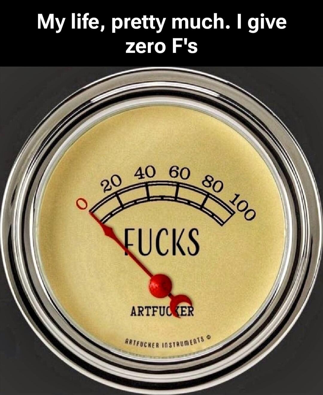 My life, pretty much. I give zero F's
FUCKS
ARTFUCKER