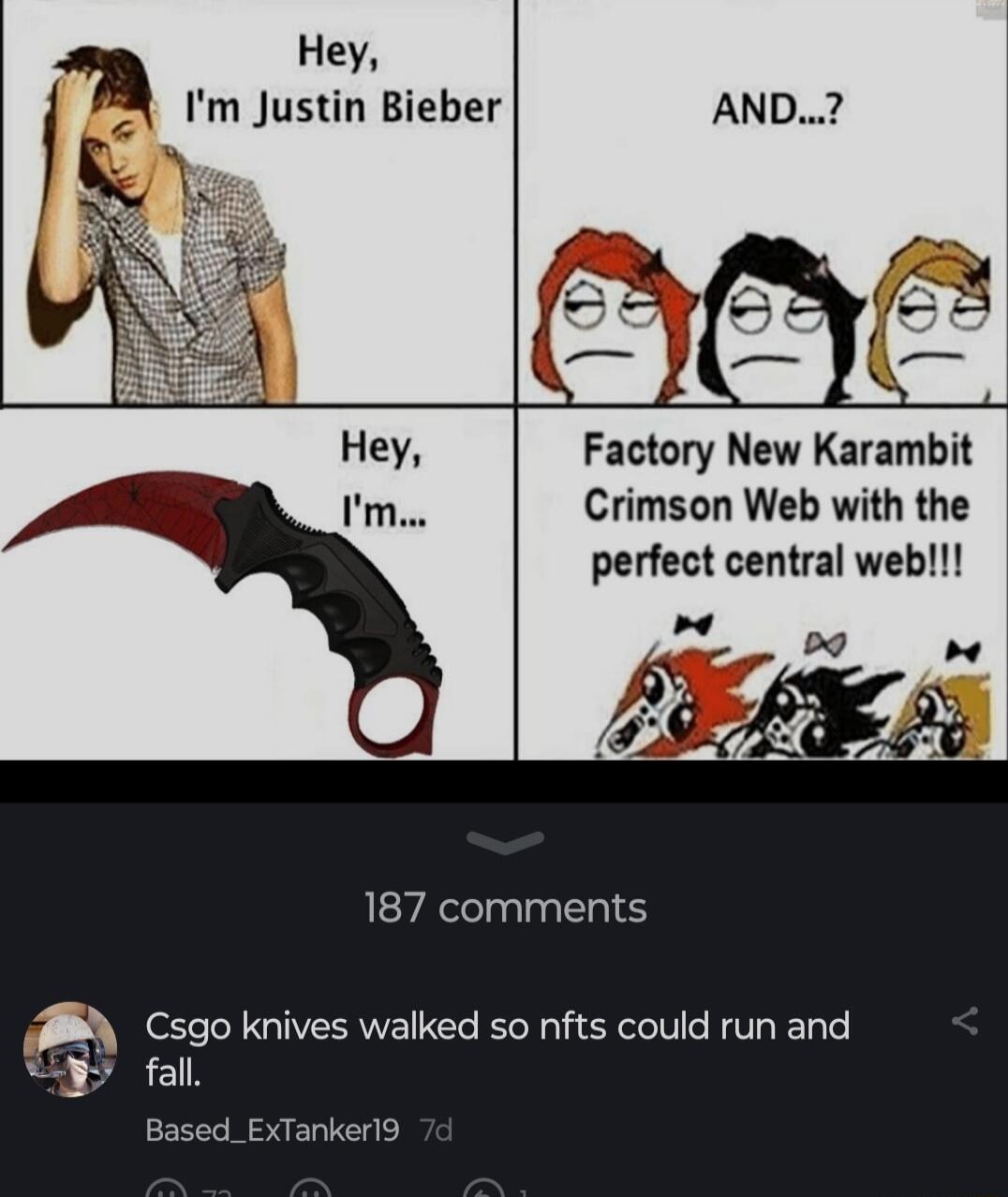 Hey R Im Justin Bieber AND K Hey Factory New Karambit Crimson Web with the perfect central web 187 comments B Csgo knives walked so nfts could run and e CE