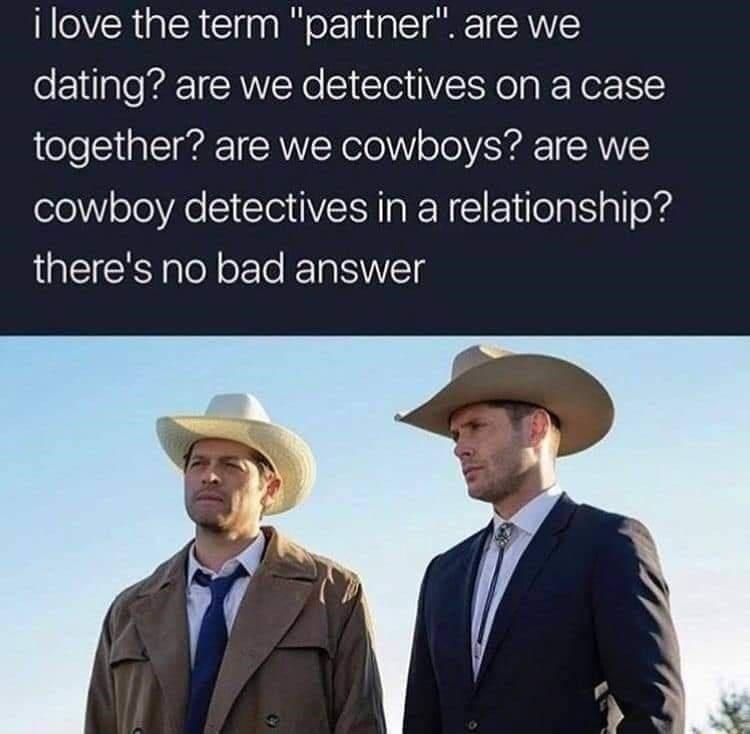 i love the term partner are we dating are we detectives on a case together are we cowboys are we cowboy detectives in a relationship theres no bad answer