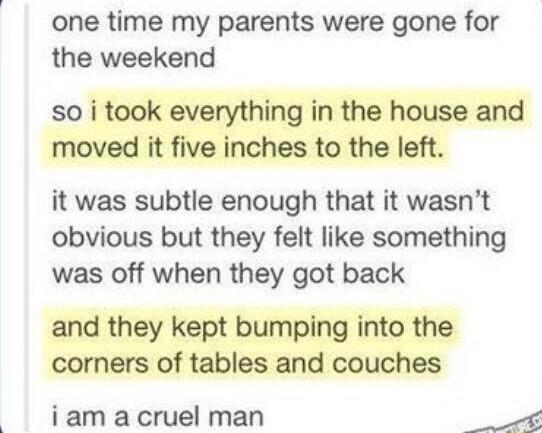 one time my parents were gone for the weekend so i took everything in the house and moved it five inches to the left it was subtle enough that it wasnt obvious but they felt like something was off when they got back and they kept bumping into the corners of tables and couches i am a cruel man