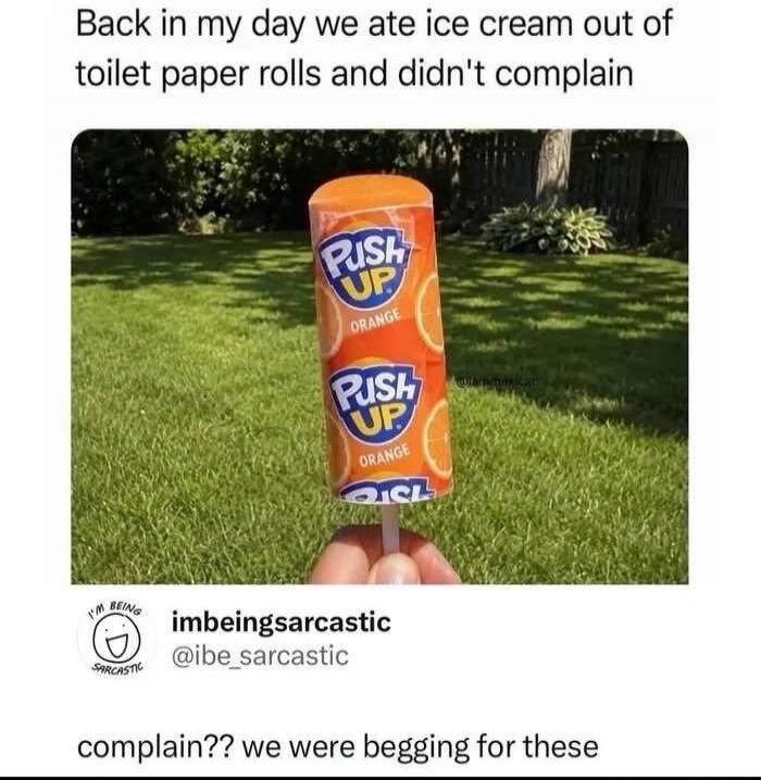 Back in my day we ate ice cream out of toilet paper rolls and didn't complain. Push Up Orange. I'm Being Sarcastic. imbeingsarcastic @ibe_sarcastic. complain?? we were begging for these