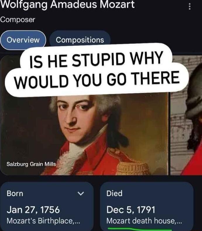 VWoltgang Amadeus Mozart Composer Compositions IS HE STUPID WHY WOULD YOU GO THER Born Died Jan 27 1756 Dec 5 1791 Mozarts Birthplace Mozart death house e SN s S