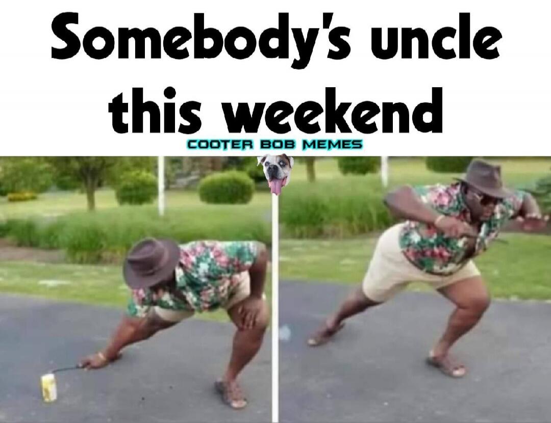 Somebody's uncle this weekend COOTER BOB MEMES. A man in a Hawaiian shirt, shorts, and a hat is shown in two frames, first bending down to interact with a can on a string, then in a dynamic running or lunging pose. A dog's head with its tongue out is superimposed in the center.