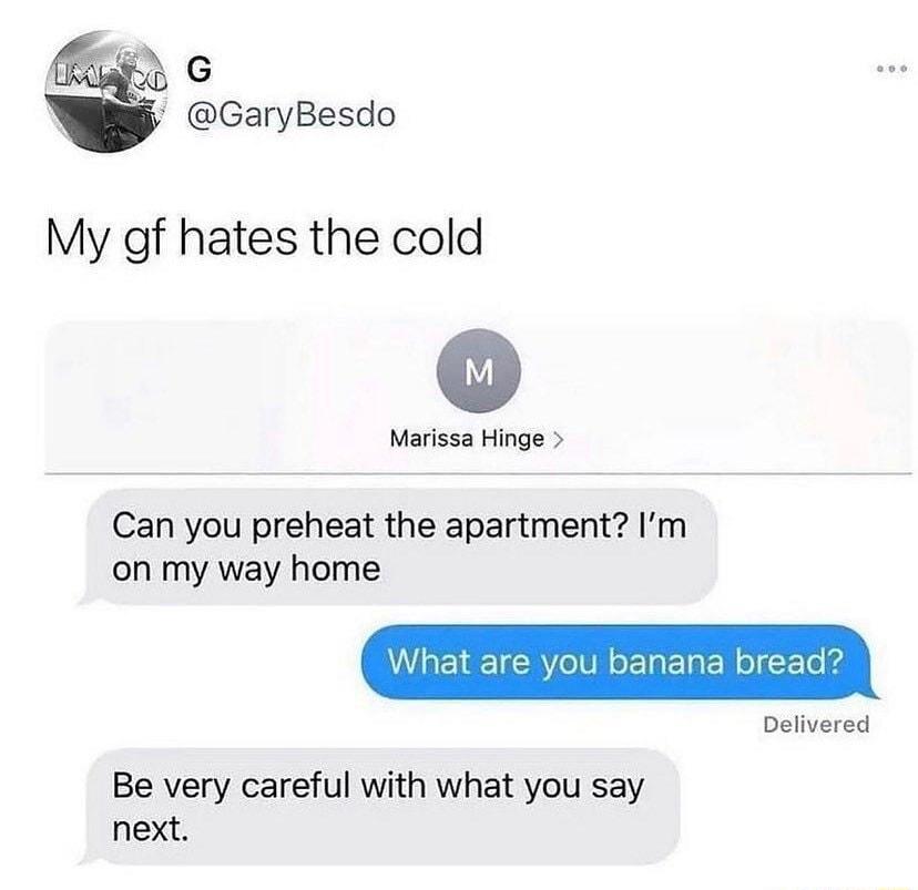 P D GaryBesdo My gf hates the cold Marissa Hinge Can you preheat the apartment Im on my way home What are you banana bread Delivered Be very careful with what you say next