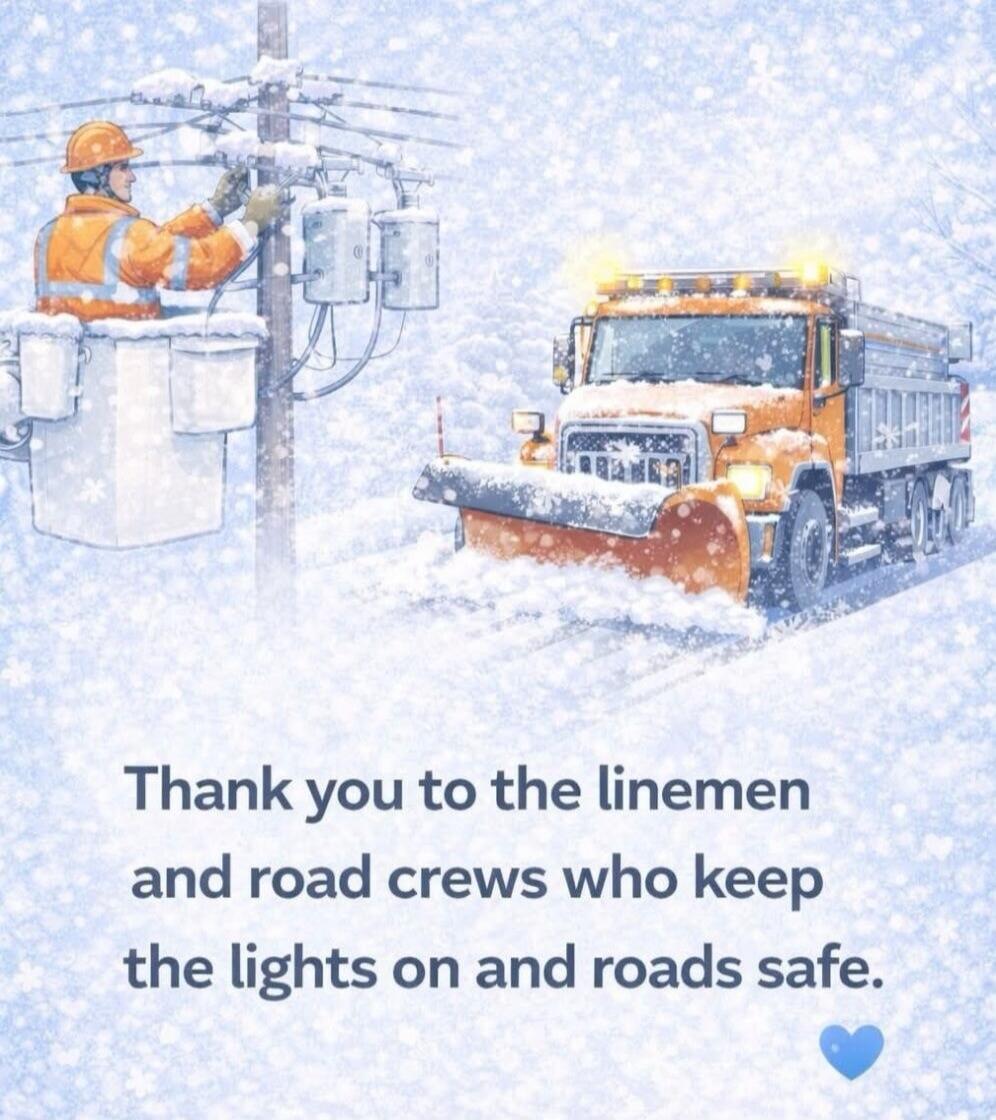 Thank you to the linemen and road crews who keep the lights on and roads safe.