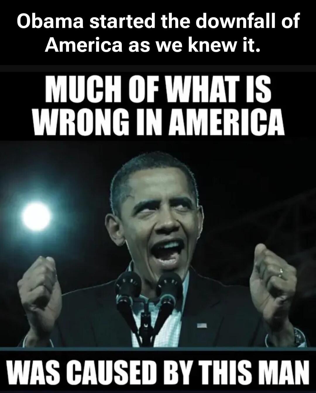 Obama started the downfall of America as we knew it. MUCH OF WHAT IS WRONG IN AMERICA WAS CAUSED BY THIS MAN