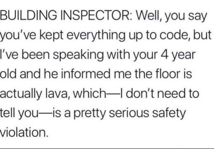 _ BUILDING INSPECTOR Well you say youve kept everything up to code but ve been speaking with your 4 year old and he informed me the floor is actually lava whichI dont need to tell youis a pretty serious safety violation