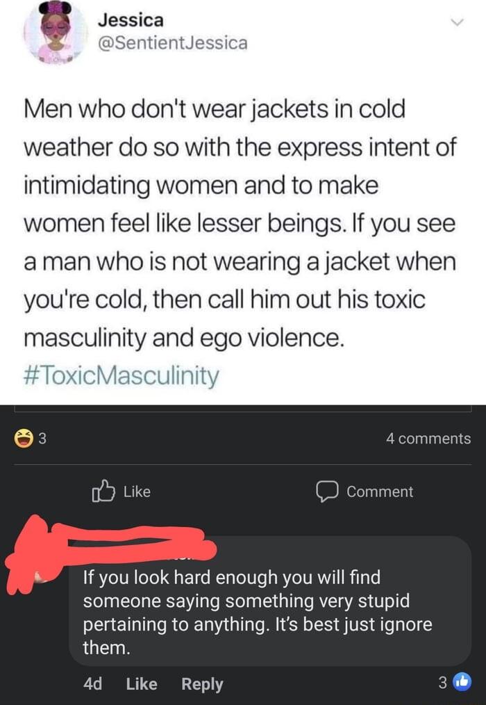 g o SentientJ Men who dont wear jackets in cold weather do so with the express intent of intimidating women and to make women feel like lesser beings If you see aman who is not wearing a jacket when youre cold then call him out his toxic masculinity and ego violence ToxicMasculinity 4 comment If you look hard enough you will find someone saying something very stupid pertaining to anything Its best