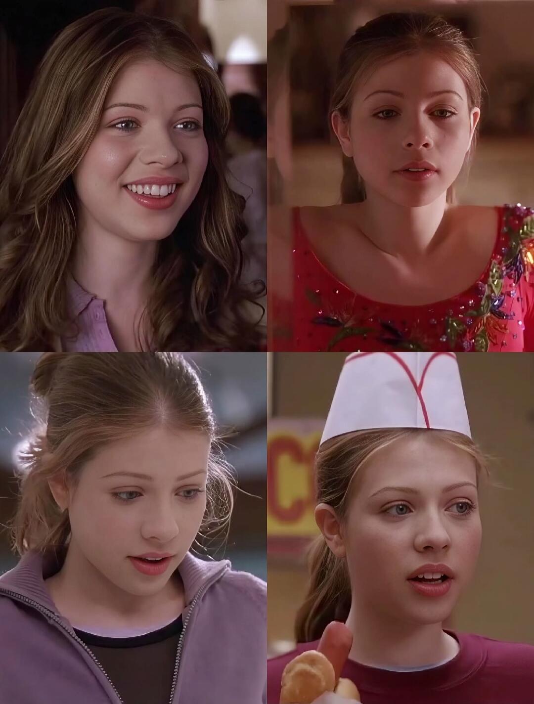 A collage of four images featuring a young woman with light brown hair and fair skin. In the top left, she smiles broadly, wearing a light purple shirt. The top right shows her in a red, embellished leotard, looking serious. The bottom left depicts her in a purple zip-up hoodie, looking thoughtful. The bottom right image shows her wearing a white p