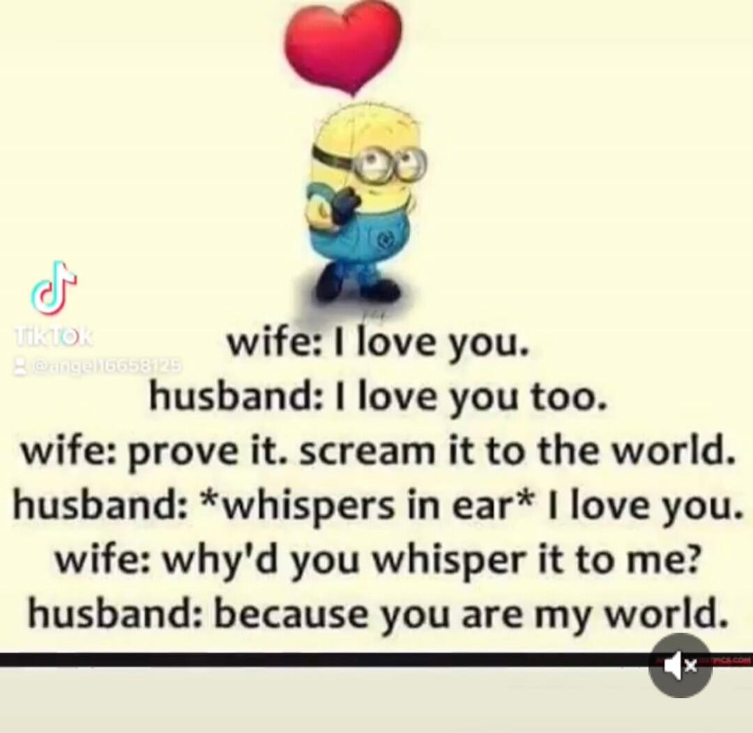 wife: I love you.\nhusband: I love you too.\nwife: prove it. scream it to the world.\nhusband: *whispers in ear* I love you.\nwife: why'd you whisper it to me?\nhusband: because you are my world.