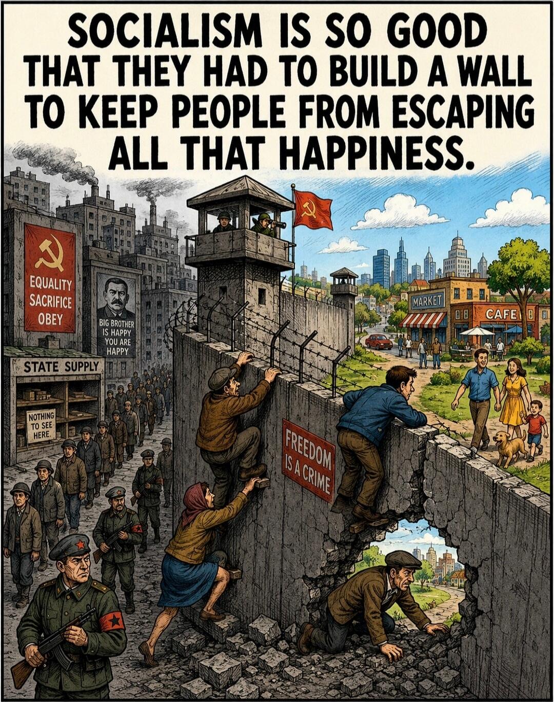 SOCIALISM IS SO GOOD THAT THEY HAD TO BUILD A WALL TO KEEP PEOPLE FROM ESCAPING ALL THAT HAPPINESS. EQUALITY SACRIFICE OBEY. BIG BROTHER IS HAPPY YOU ARE HAPPY. STATE SUPPLY. NOTHING TO SEE HERE. FREEDOM IS A CRIME. MARKET. CAFE.
