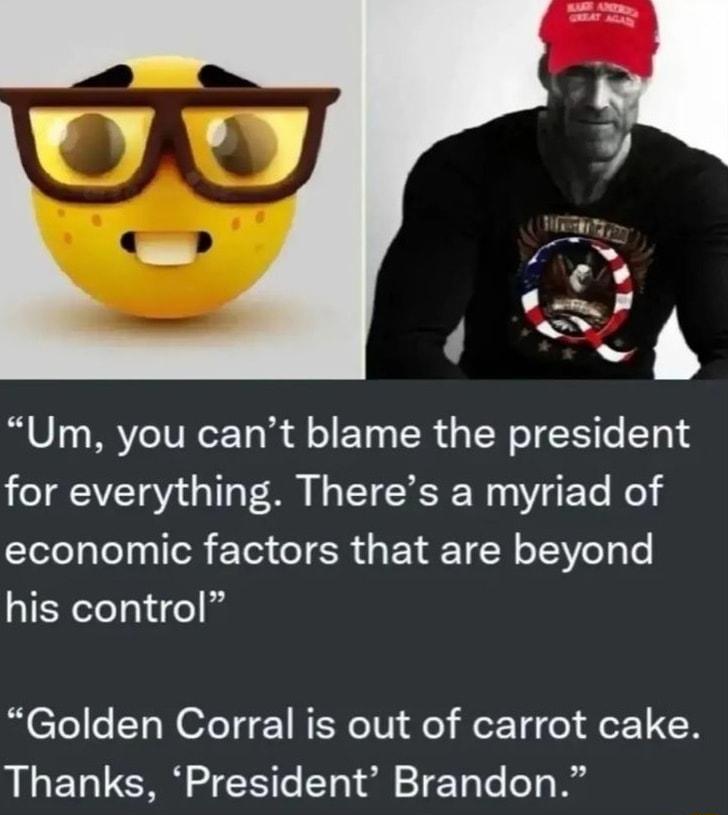 v A e Um you cant blame the president for everything Theres a myriad of economic factors that are beyond his control Golden Corral is out of carrot cake Thanks President Brandon
