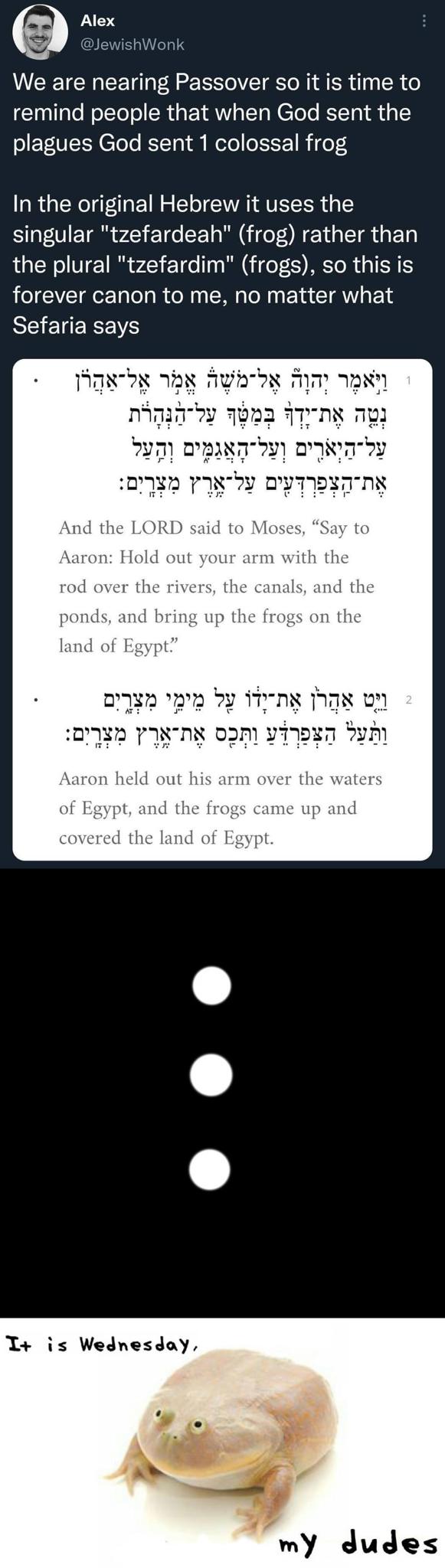 Alex JewishWonk We are nearing Passover so it is time to remind people that when God sent the plagues God sent 1 colossal frog In the original Hebrew it uses the singular tzefardeah frog rather than the plural tzefardim frogs so this is forever canon to me no matter what BEEUEREVS o023 ITNN W R arm with the T is Wednesday