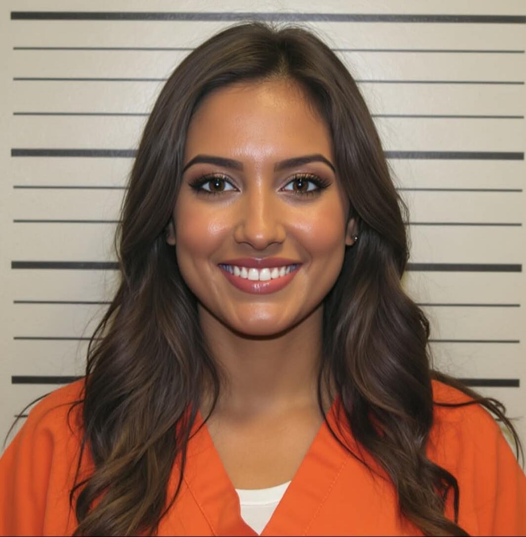 Young woman with long brown hair wearing an orange jumpsuit, smiling, standing in front of a height measurement backdrop.