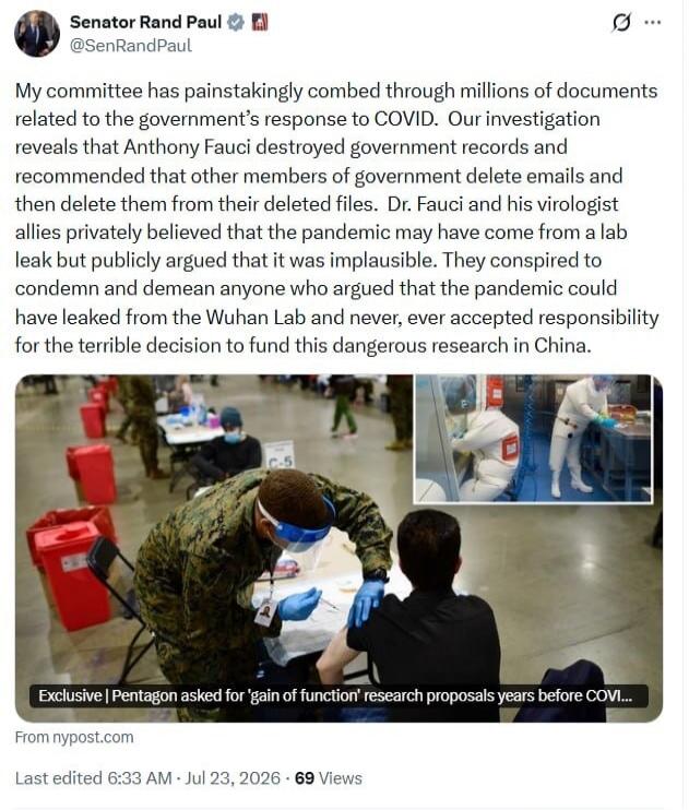 Senator Rand Paul @SenRandPaul My committee has painstakingly combed through millions of documents related to the government's response to COVID. Our investigation reveals that Anthony Fauci destroyed government records and recommended that other members of government delete emails and then delete them from their deleted files. Dr. Fauci and his vi