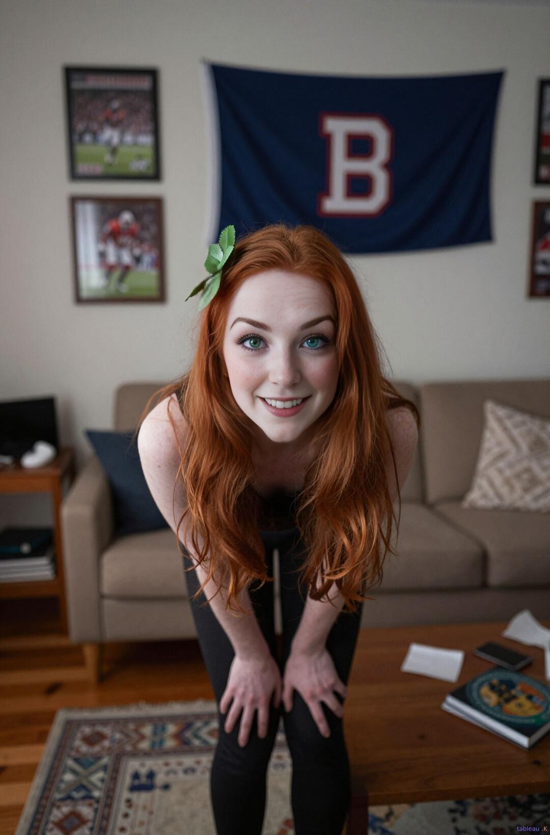A young woman with long red hair and heterochromia, wearing a dark top and leggings, smiling at the camera. A flag with the letter 'B' is visible in the background.