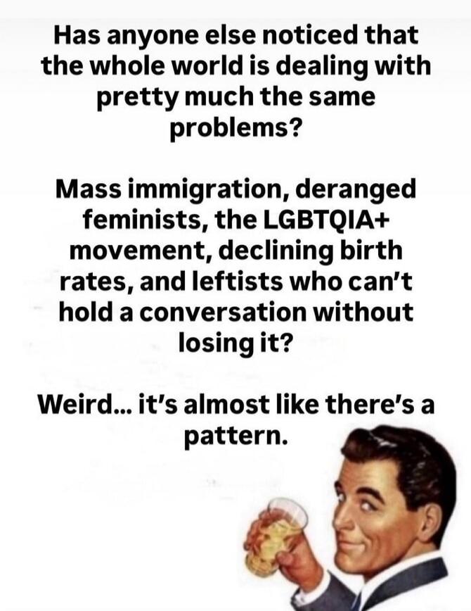 Has anyone else noticed that the whole world is dealing with pretty much the same problems? Mass immigration, deranged feminists, the LGBTQIA+ movement, declining birth rates, and leftists who can't hold a conversation without losing it? Weird... it's almost like there's a pattern.