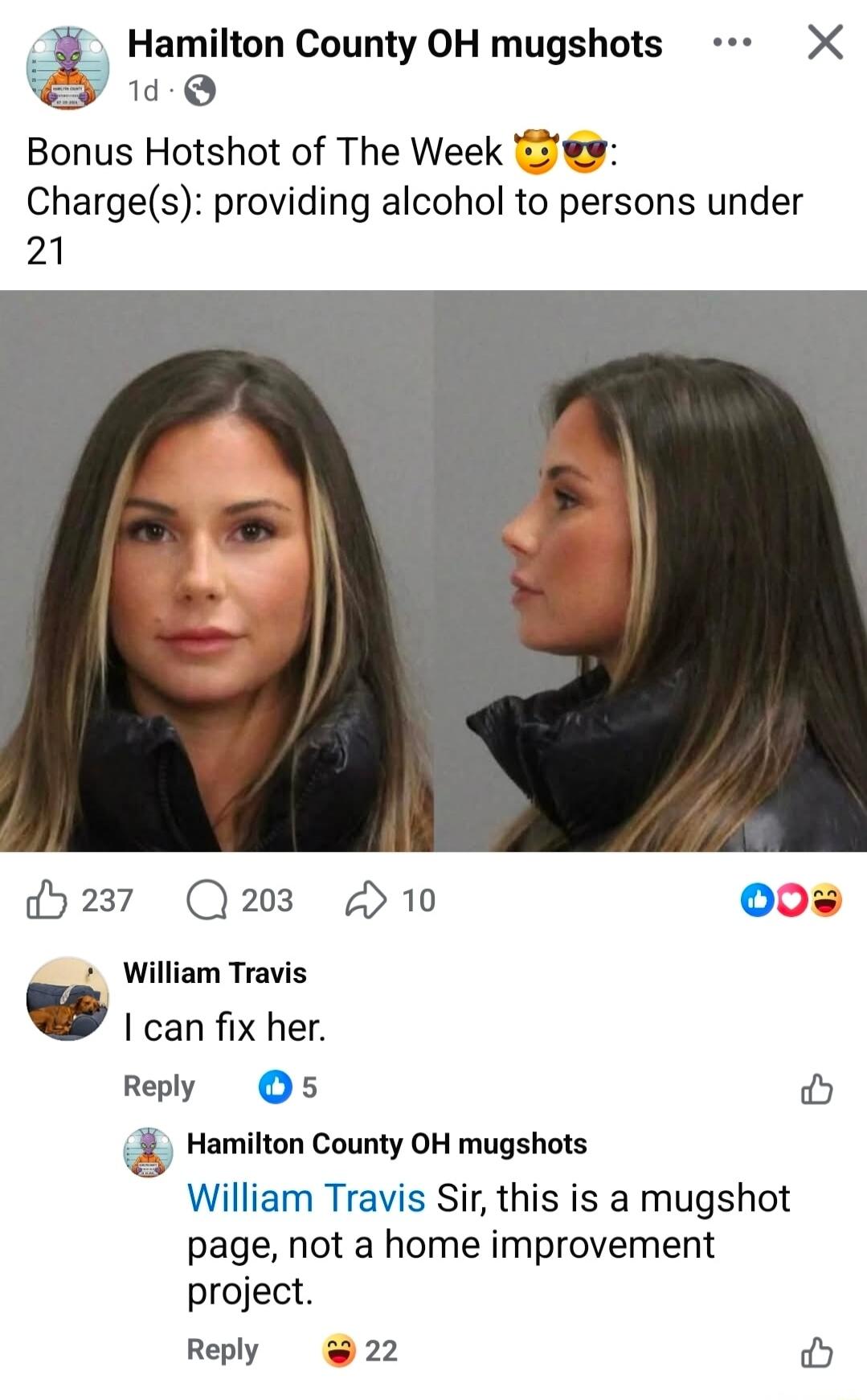 Bonus Hotshot of The Week 😺😻: Charge(s): providing alcohol to persons under 21