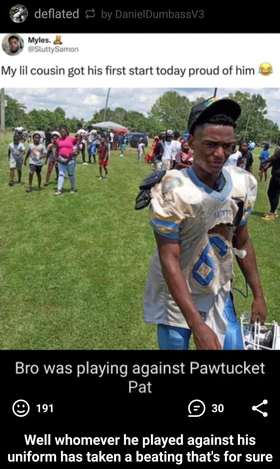 deflated Wyles My lil cousin got his first start today proud of him Bro was playing against Pawtucket Pat RL CE N E IR T AV R WL ELET S TS TG ERR EUCH LR VR G ELER LT