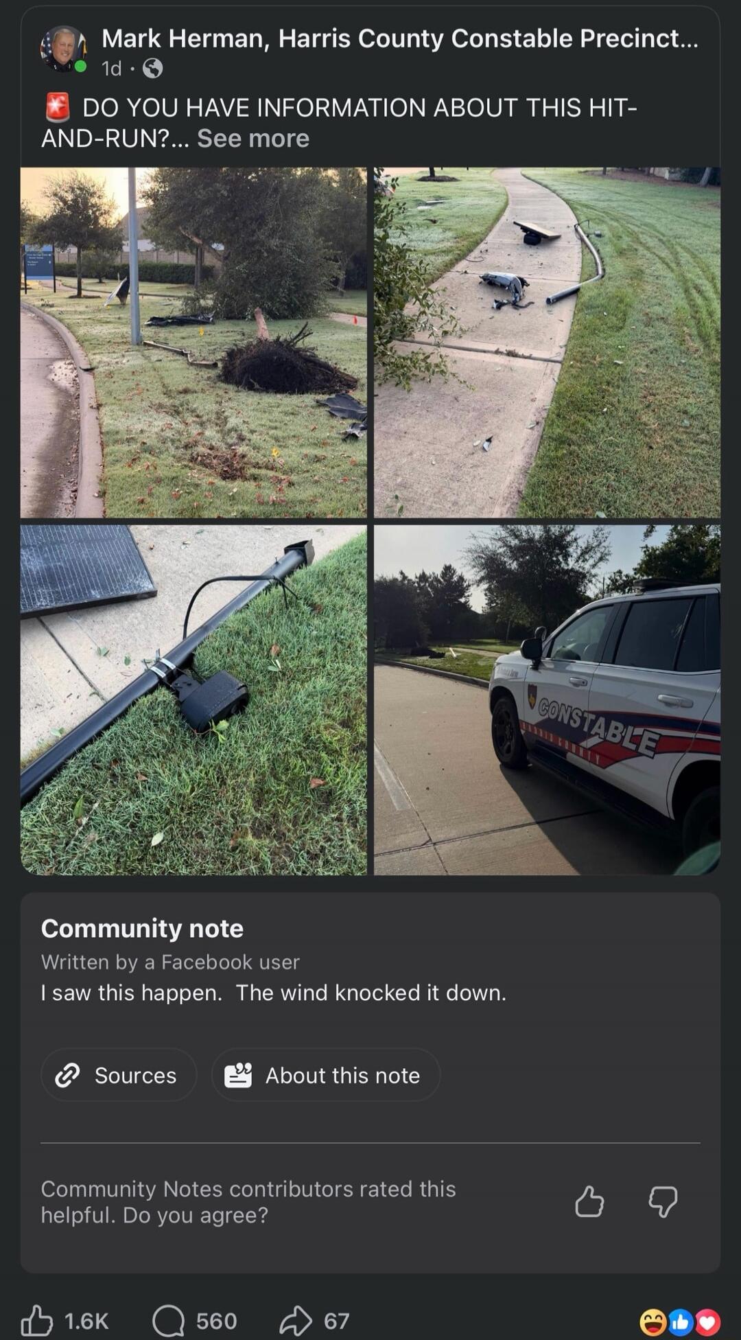 Mark Herman, Harris County Constable Precinct... DO YOU HAVE INFORMATION ABOUT THIS HIT-AND-RUN?... Community note: I saw this happen. The wind knocked it down.