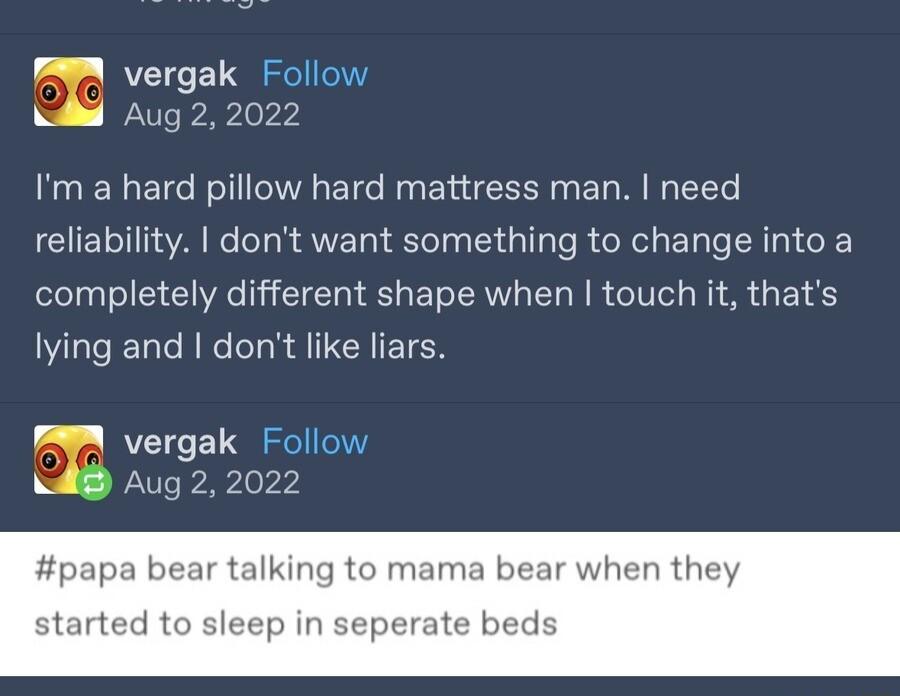 vergak Follow Aug 2 2022 Im a hard pillow hard mattress man need reliability dont want something to change into a completely different shape when touch it thats lying and dont like liars vergak Follow Aug 2 2022 papa bear talking to mama hen they tarted to sleep in seperate be