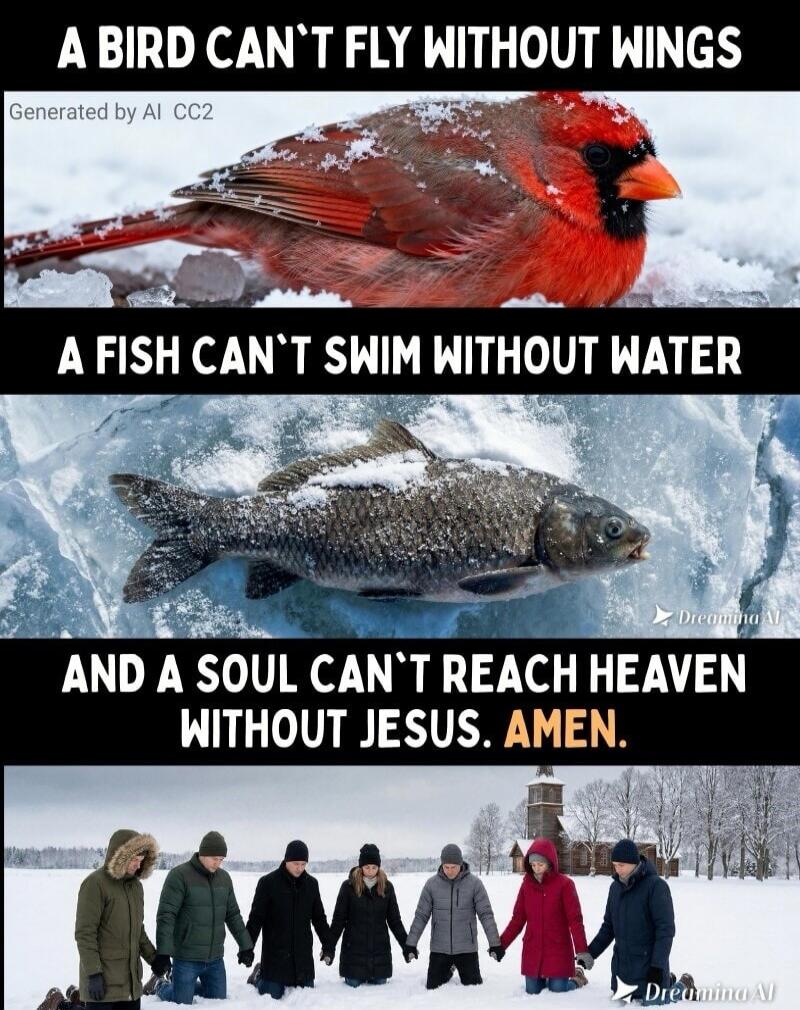 A BIRD CAN'T FLY WITHOUT WINGS A FISH CAN'T SWIM WITHOUT WATER AND A SOUL CAN'T REACH HEAVEN WITHOUT JESUS. AMEN.